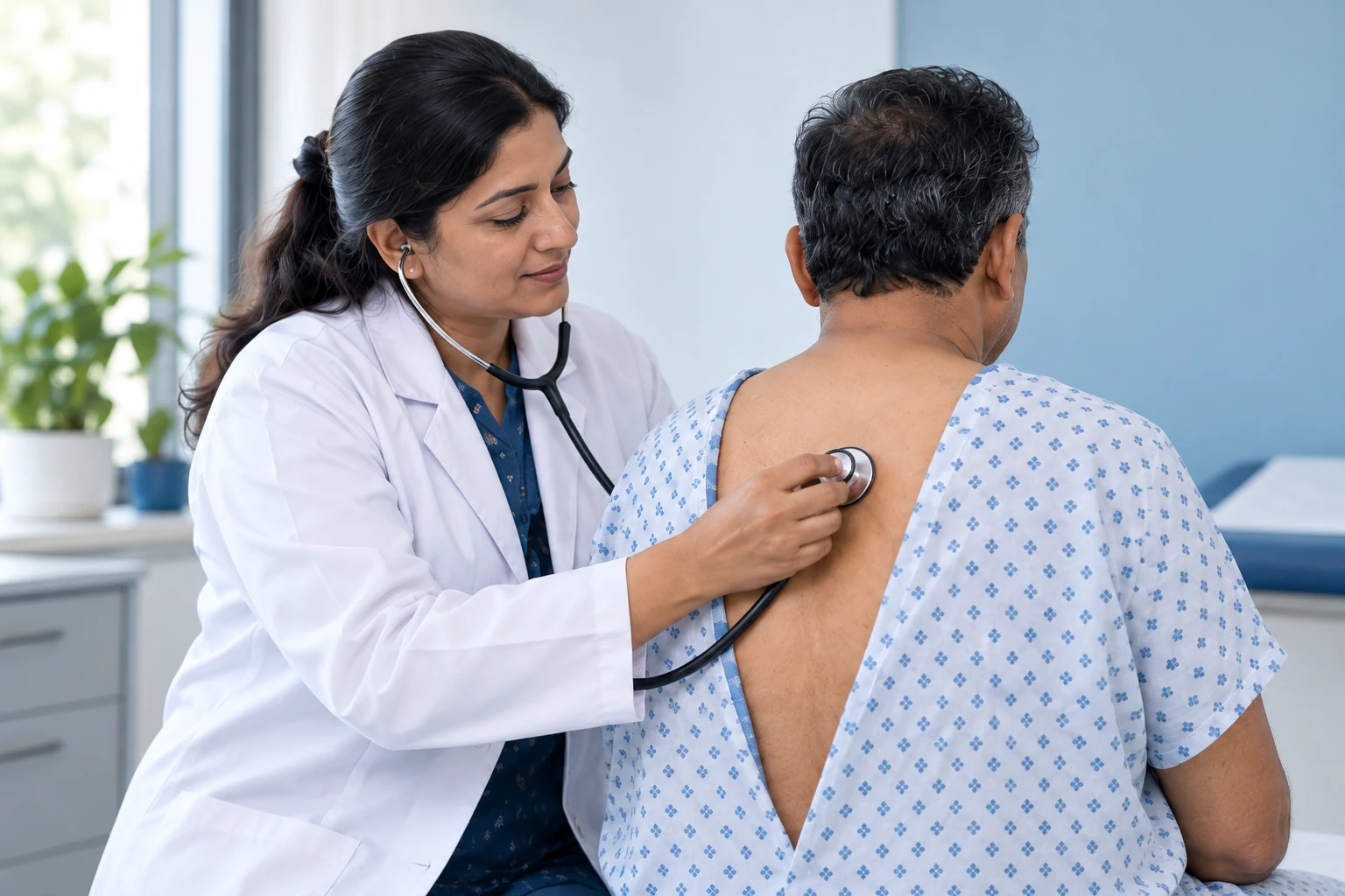 Illustrative chest examination with a stethoscope