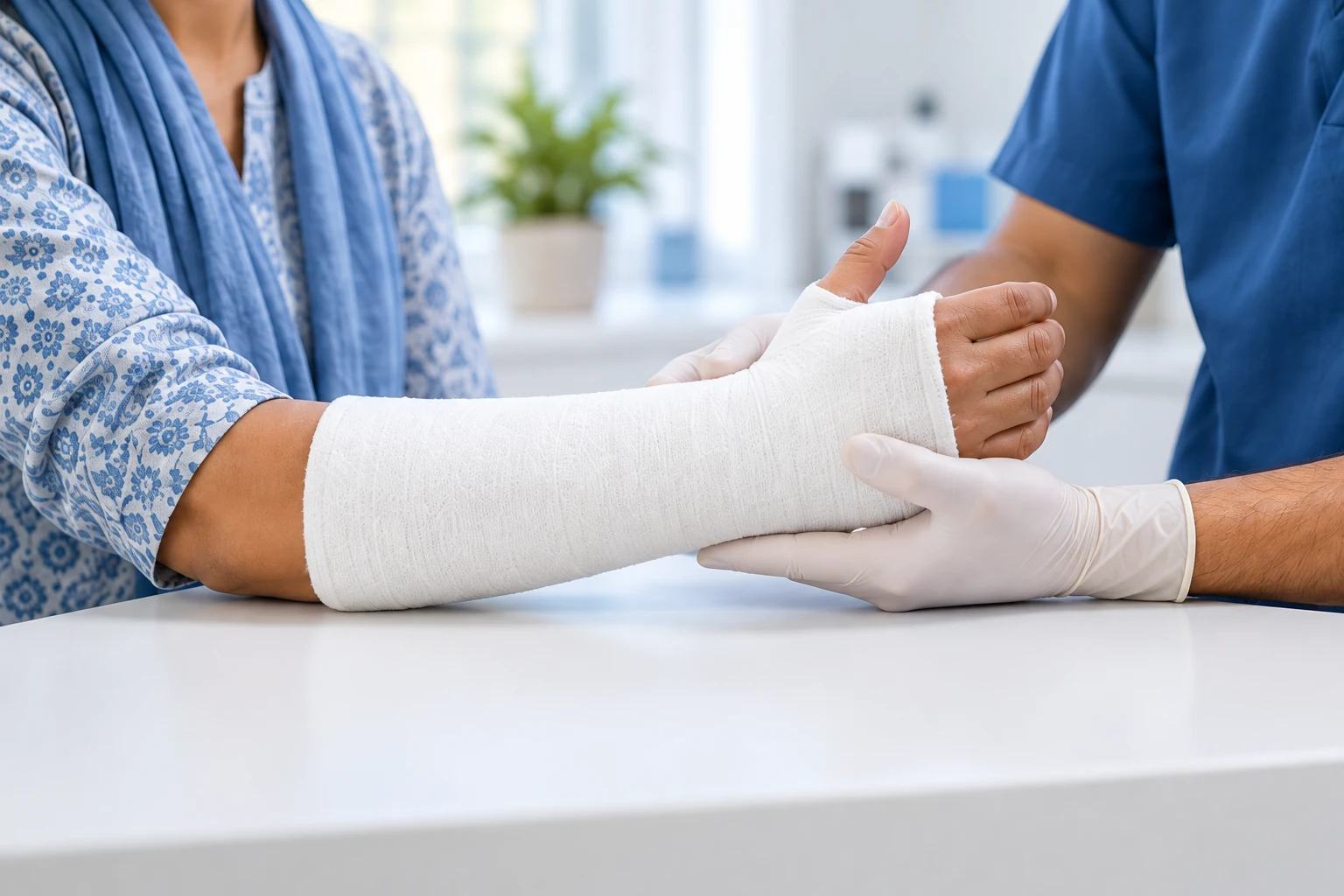 Illustrative image of a clinician supporting a forearm in a cast