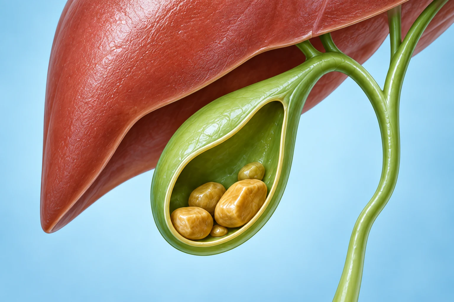 Medical illustration of the gallbladder and gallstones