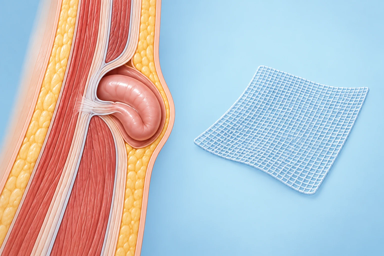 Concept illustration of an abdominal-wall hernia and repair mesh