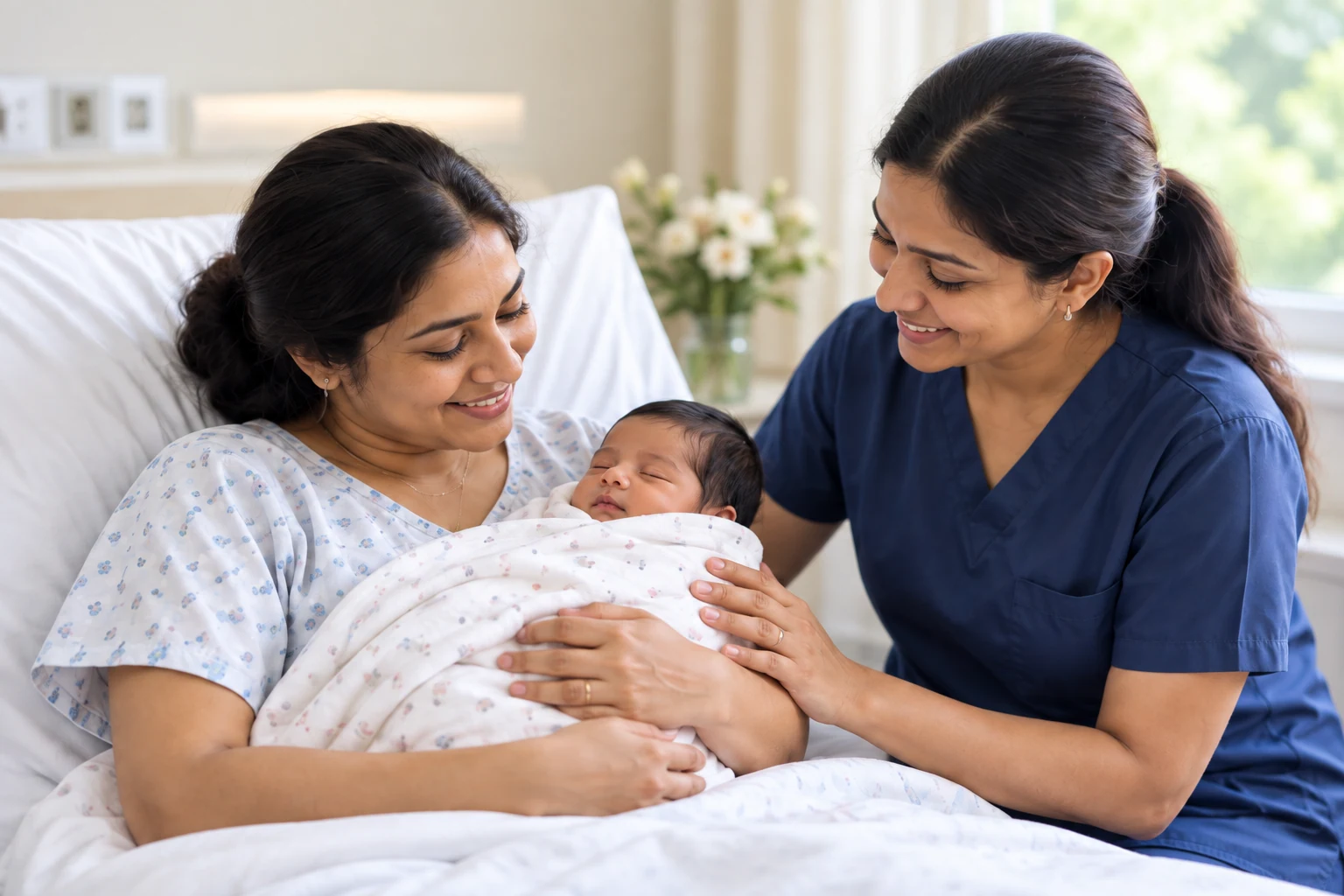 Illustrative image of a mother with her newborn and a care professional